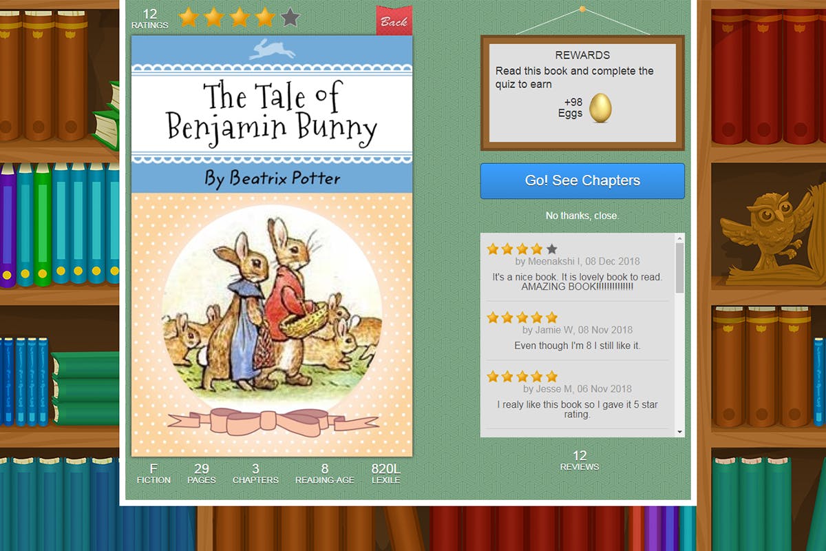 A screenshot of the ABC Reading Eggs online library with a cover of a Beatrix Potter book.