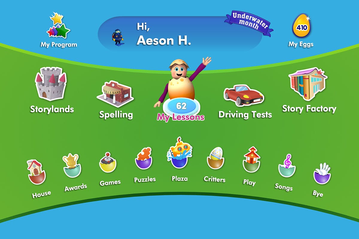 The student dashboard within ABC Reading Eggs displaying the different learning areas that focus on building specific reading and literacy skills.