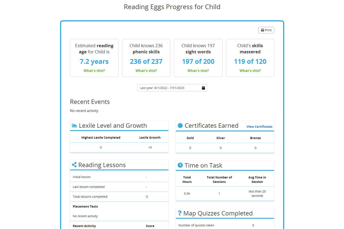 ABC Reading Eggs progress report for parents and homeschoolers