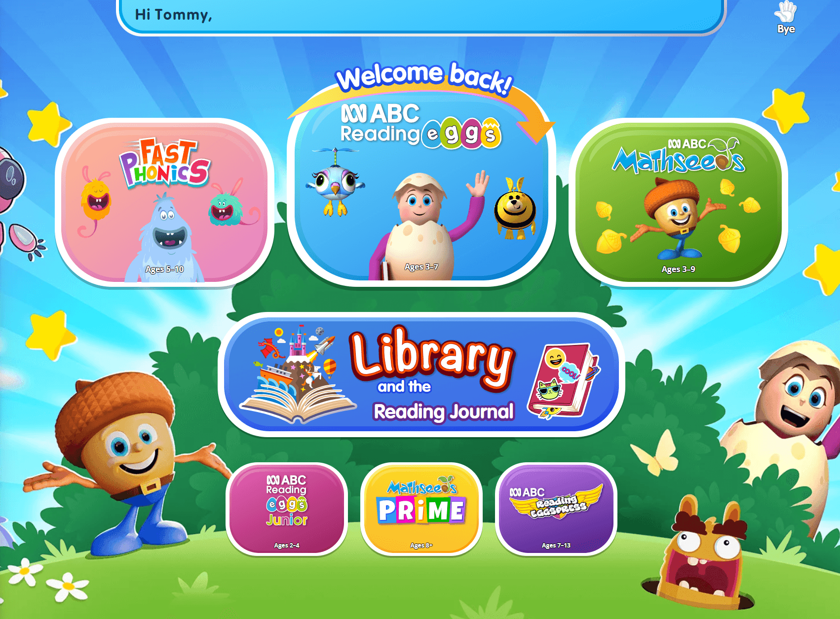 ABC Reading Eggs program selection screen showing available reading and maths programs and the Library