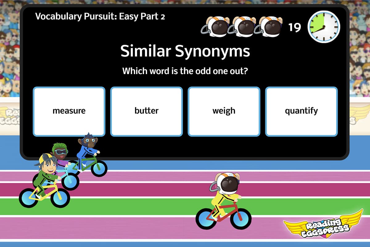 Screenshot of the Vocabulary Pursuit contest in the ABC Reading Eggspress Stadium where children test their vocabulary knowledge in a fun race to the finish line