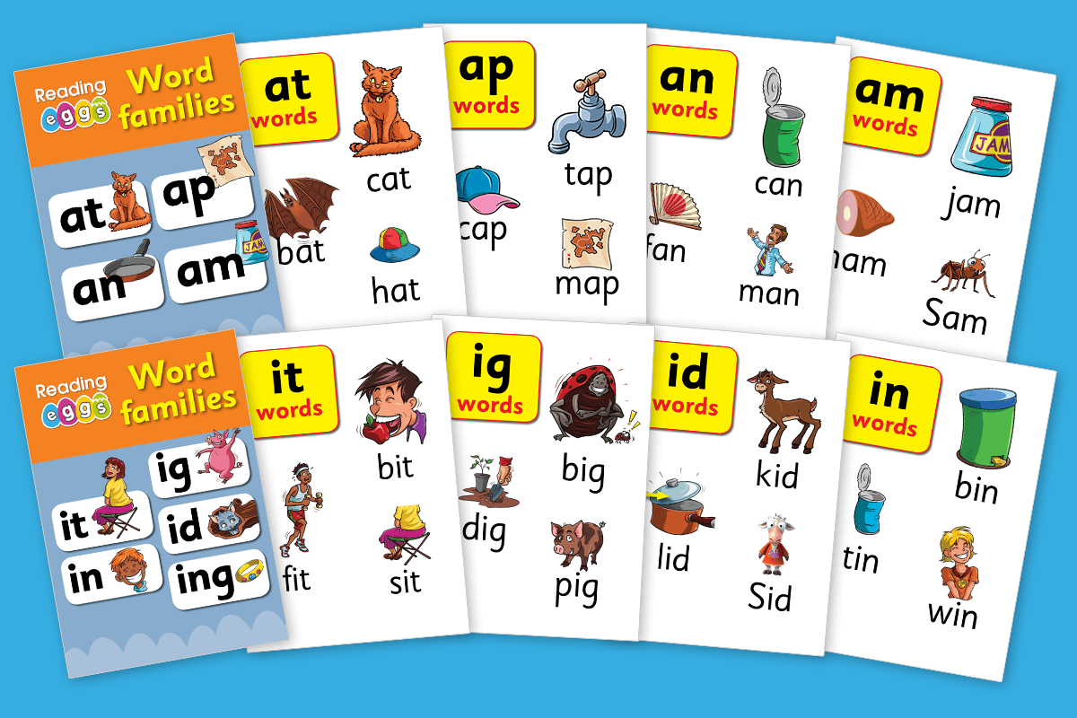 free word families printables with CVC words and pictures in ABC Reading Eggs