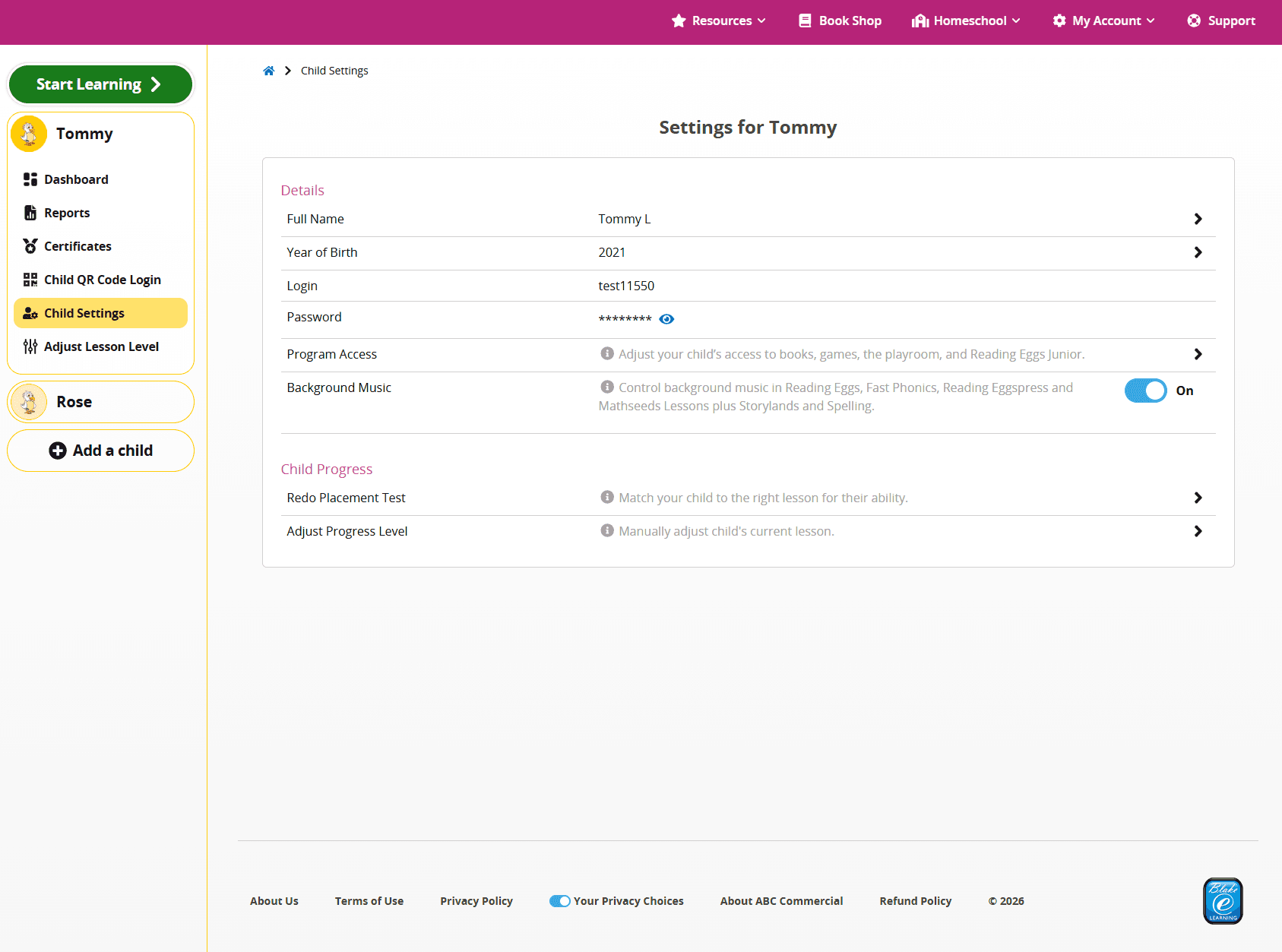 Screenshot of the ABC Reading Eggs Family Dashboard. Each child's profile has a login and their access settings can be customised.