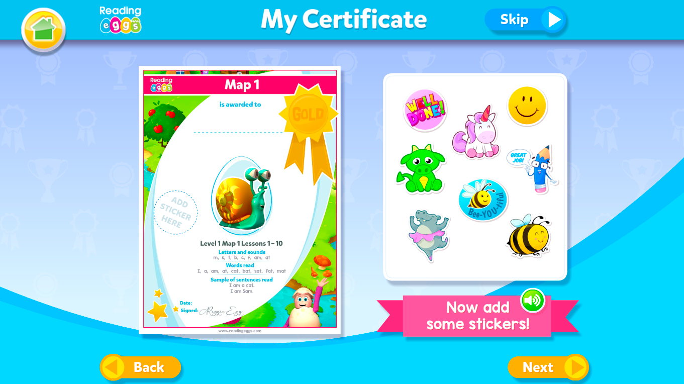 Reading Eggs new certificates design -adding stickers