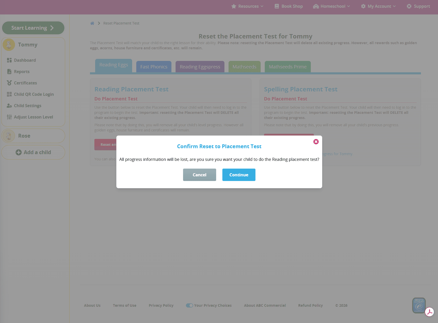 When the Placement Test is reset, you'll be given a link for your child to take the test again or they can do it when they next log in