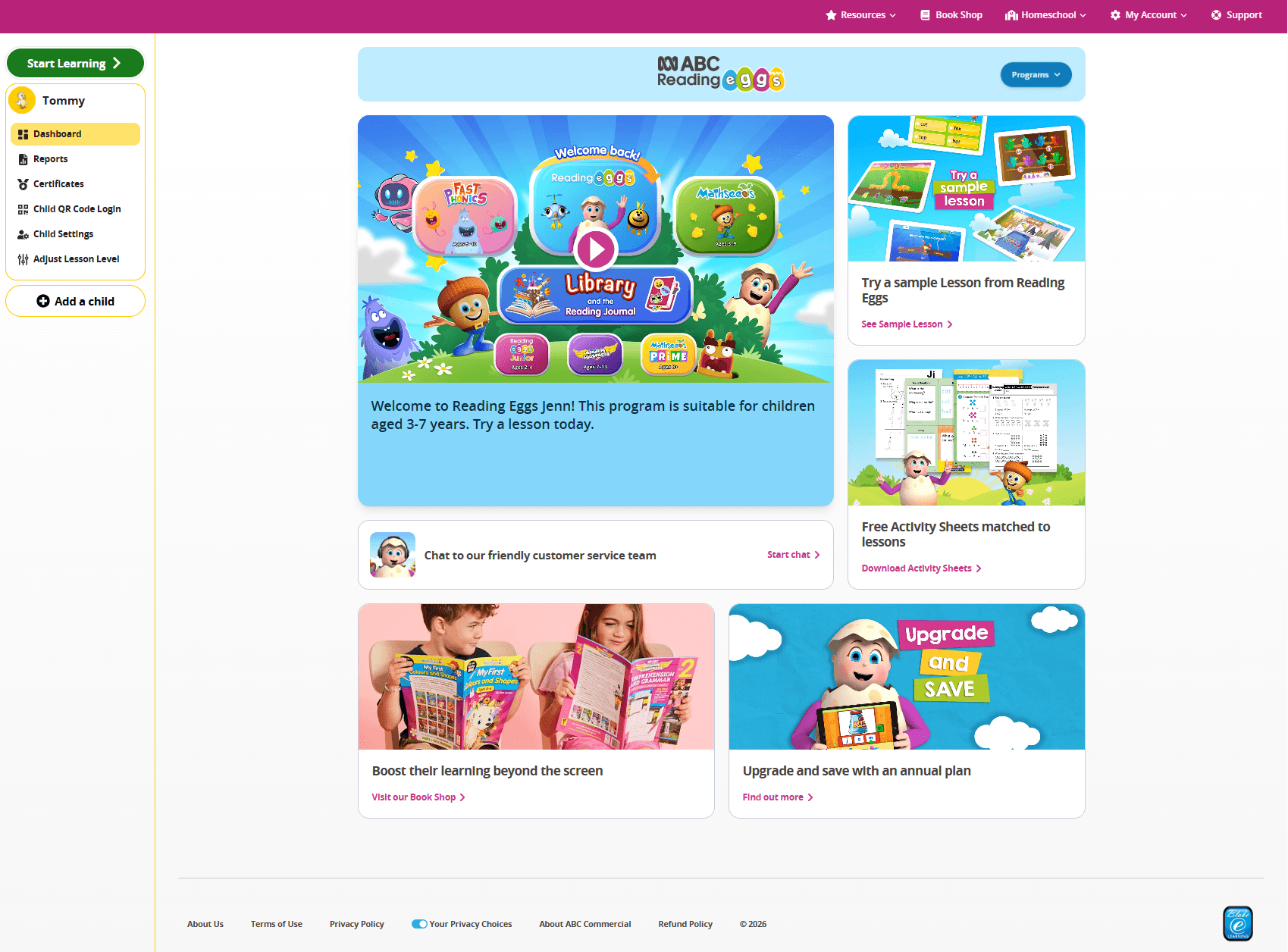 screenshots demonstrating how to add a child to an ABC Reading Eggs account through the Family Dashboard