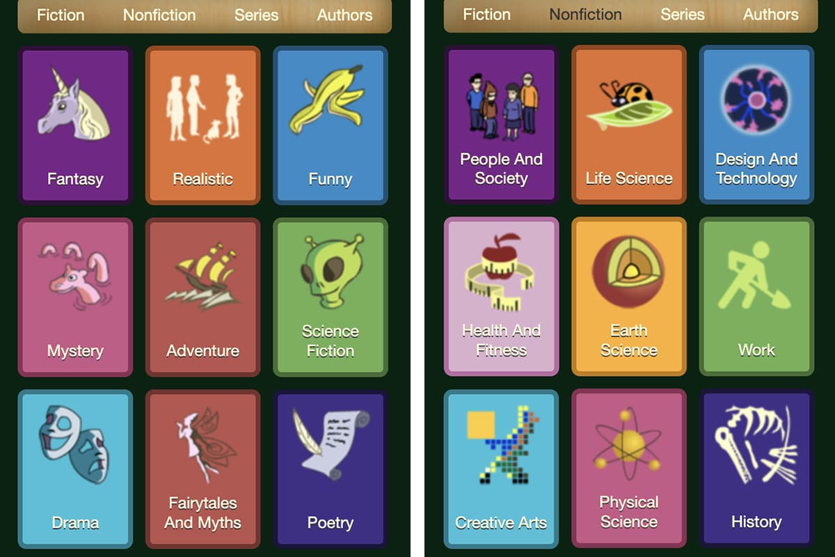 Screenshot of the ABC Reading Eggs online library for kids, showing the fiction and nonfiction genres available to choose from.