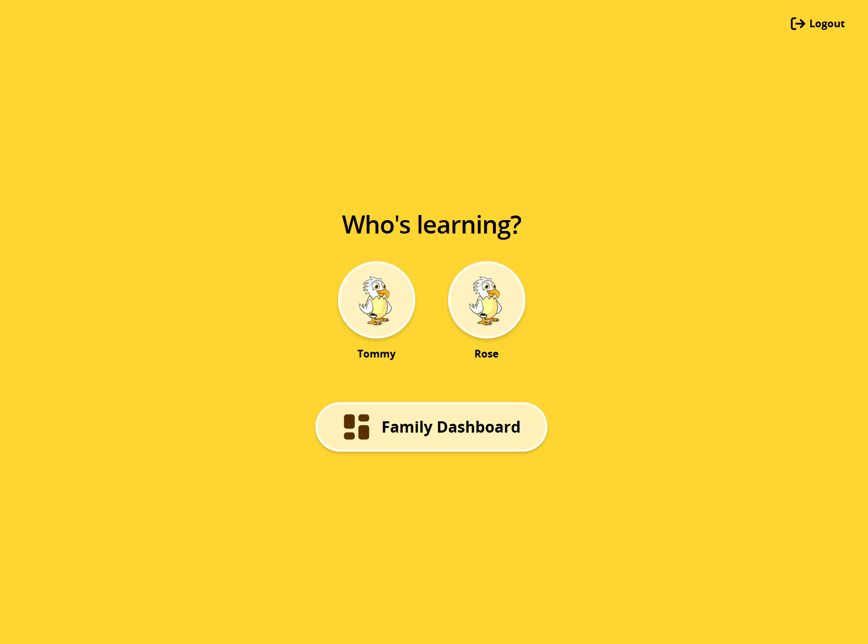 ABC Reading Eggs Who’s Learning screen showing child profiles and the Family Dashboard button.