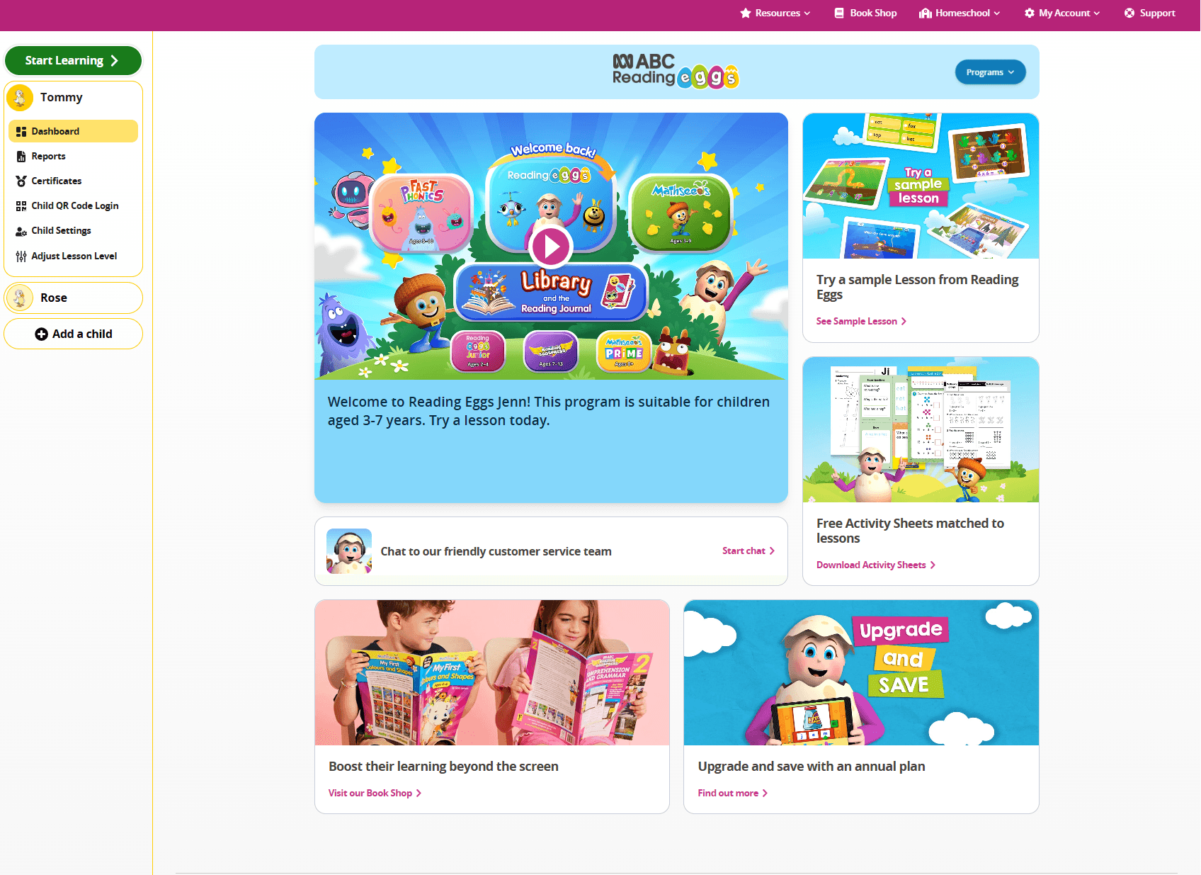 Screenshot of the ABC Reading Eggs Family Dashboard. Each child's profile has a login and their access settings can be customised.