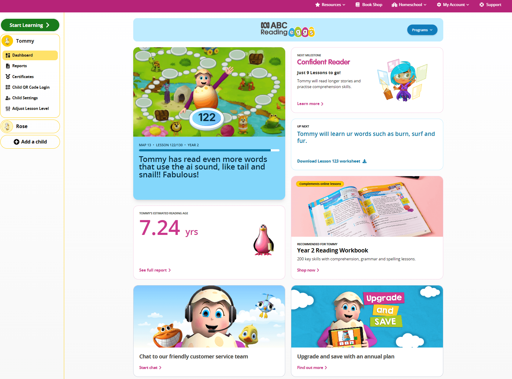 examples of the progress reports in the ABC Reading Eggs Family Dashboard