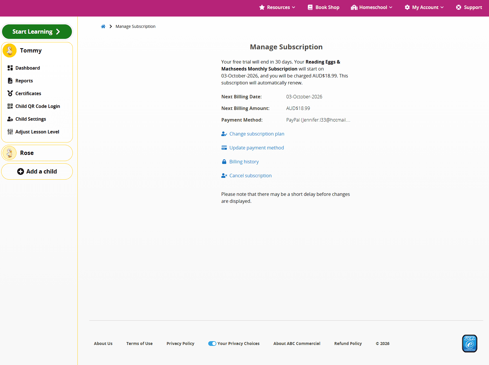 ABC Reading Eggs Family Dashboard showing subscription details and options to change the plan, update payment details, view billing history or cancel.