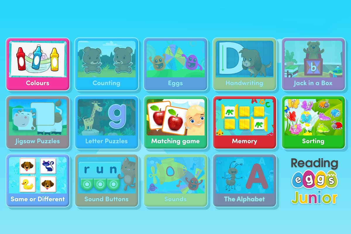 The five different types of toddler matching games in ABC Reading Eggs Junior.