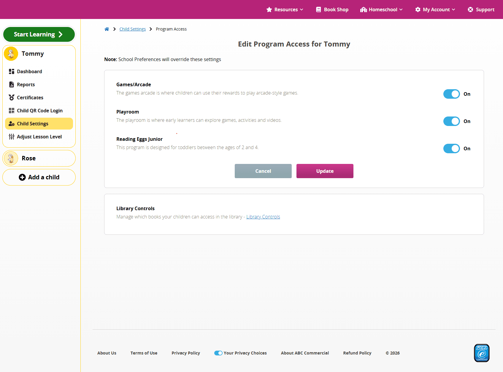 ABC Reading Eggs Family Dashboard showing Program Access settings for Games/Arcade, Playroom and Reading Eggs Junior.