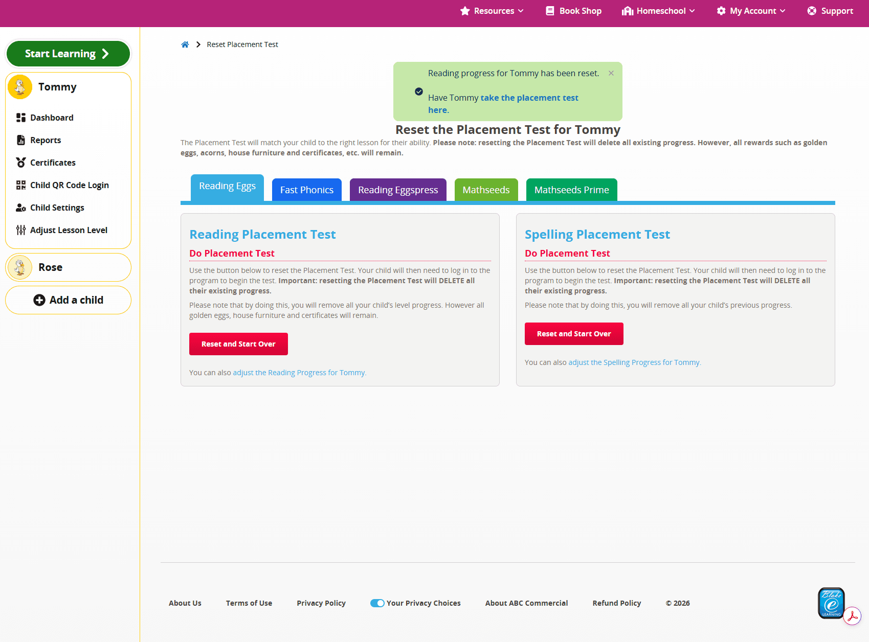 ABC Reading Eggs Family Dashboard showing the option to reset a child’s Reading Placement Test and start over.