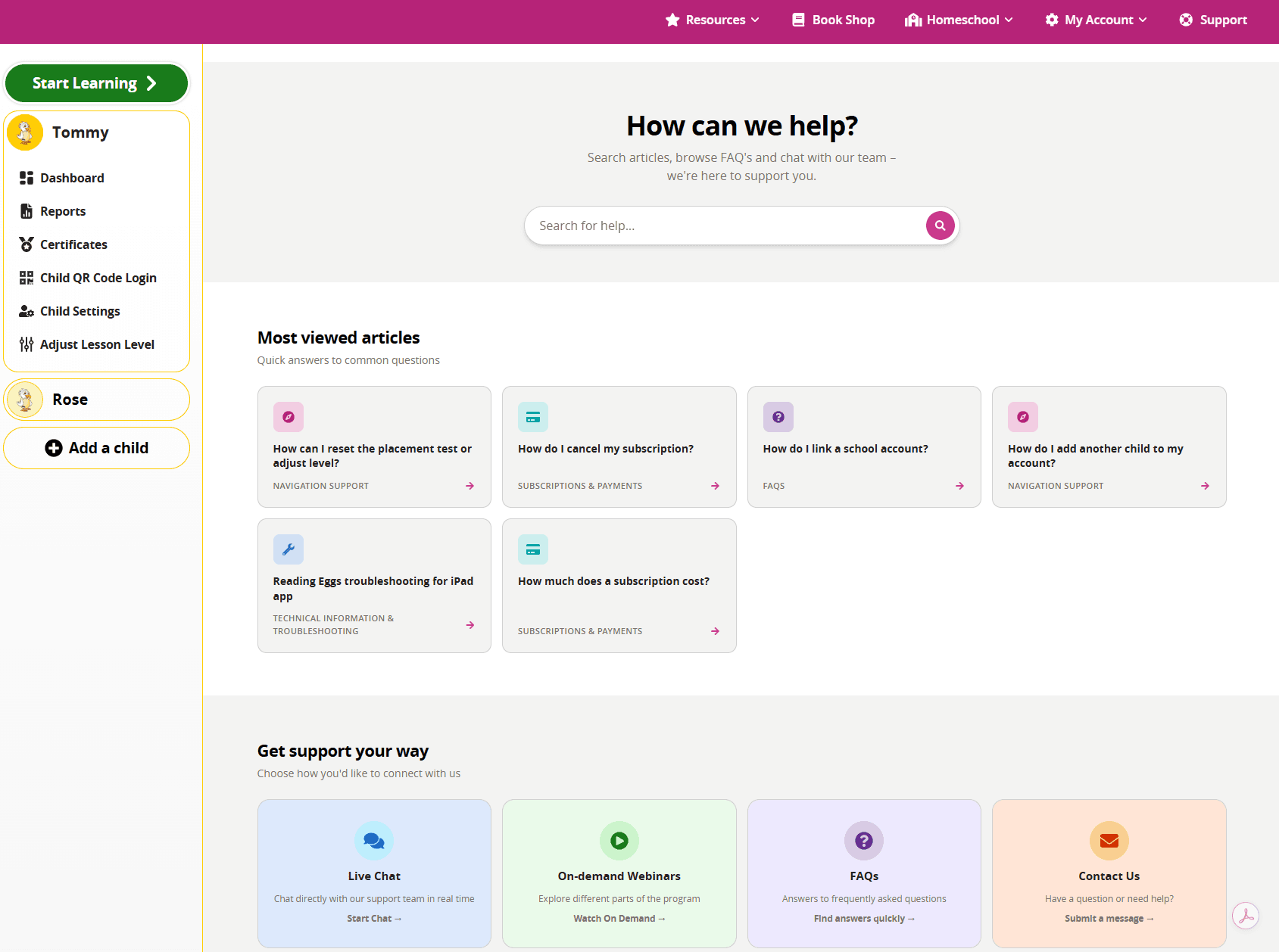ABC Reading Eggs Family Dashboard showing support options including help articles, Live Chat, webinars, FAQs and Contact Us.