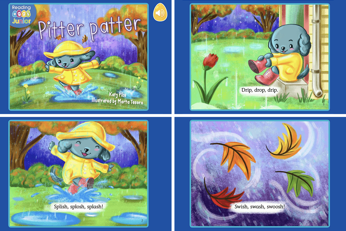 Screenshots from the Pitter Patter read-aloud book in ABC Reading Eggs Junior, featuring rhyming and playful sound words
