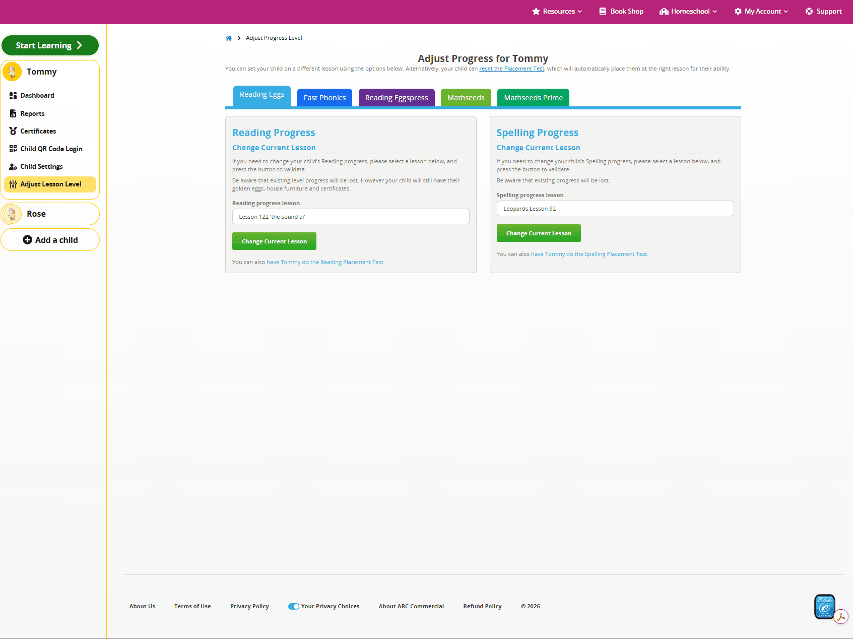 screenshot of the Adjust Progress Level area of the ABC Reading Eggs Family Dashboard