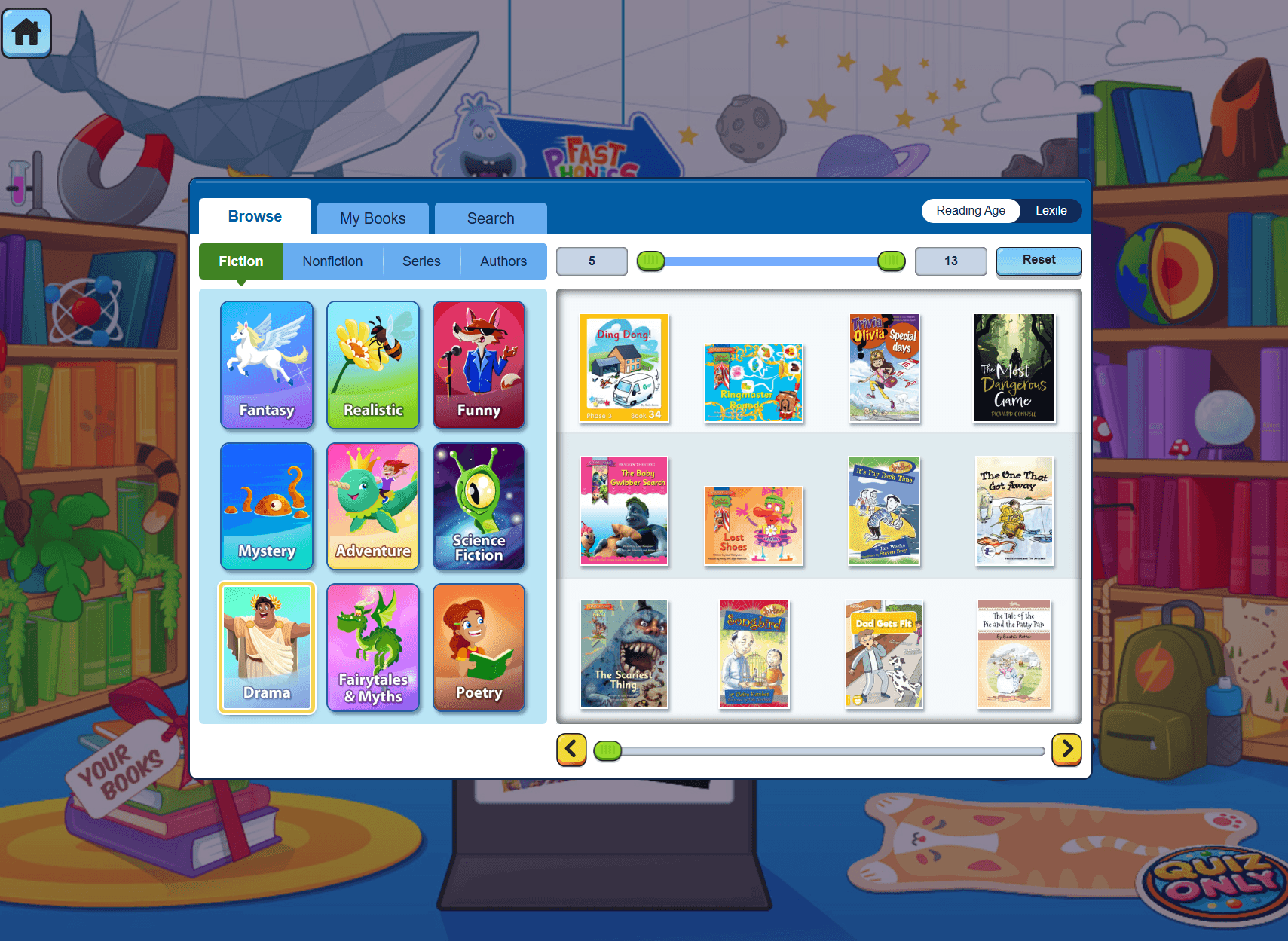 Screenshot of the ABC Reading Eggs Library interface demonstrating the numerous ways to filter and search for books