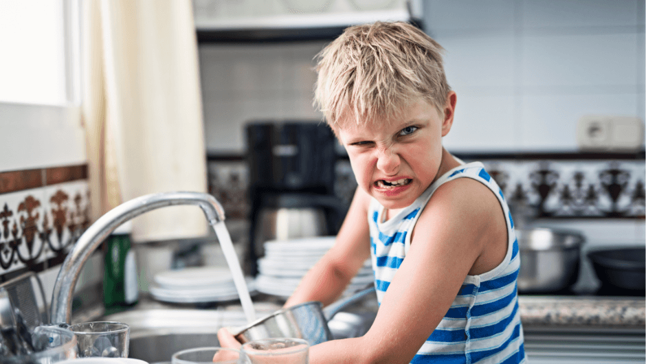 Child reluctantly doing chores with the promise of 15 minutes on Reading Eggs as a reward.