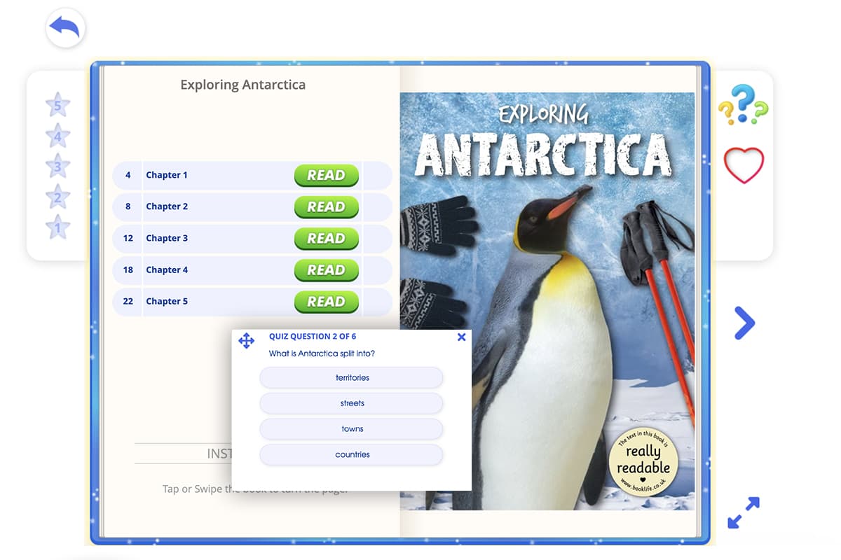 Screenshot of a nonfiction book for kids titled Exploring Antarctica in the ABC Reading Eggs library; the book includes a comprehension quiz at the end of each chapter