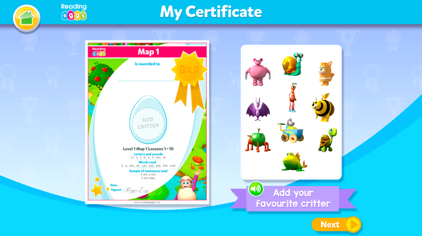 Reading Eggs new certificates design - adding critters