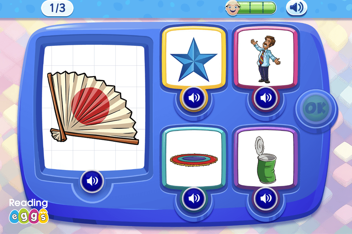 Screenshot of ABC Reading Eggs Lesson 16 teaching phonemic awareness. Children listen to words and select those that rhyme with fan
