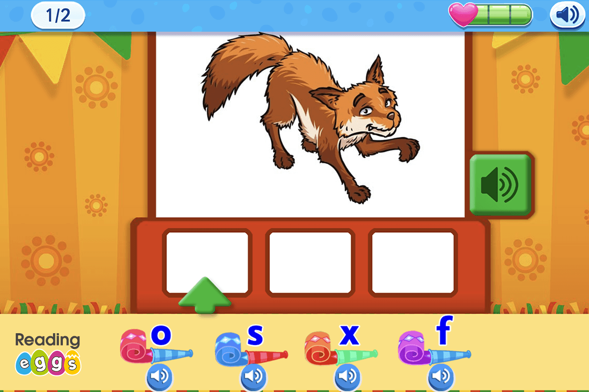 screenshot from ABC Reading Eggs where children hear the sounds of letters and make the word 'fox'