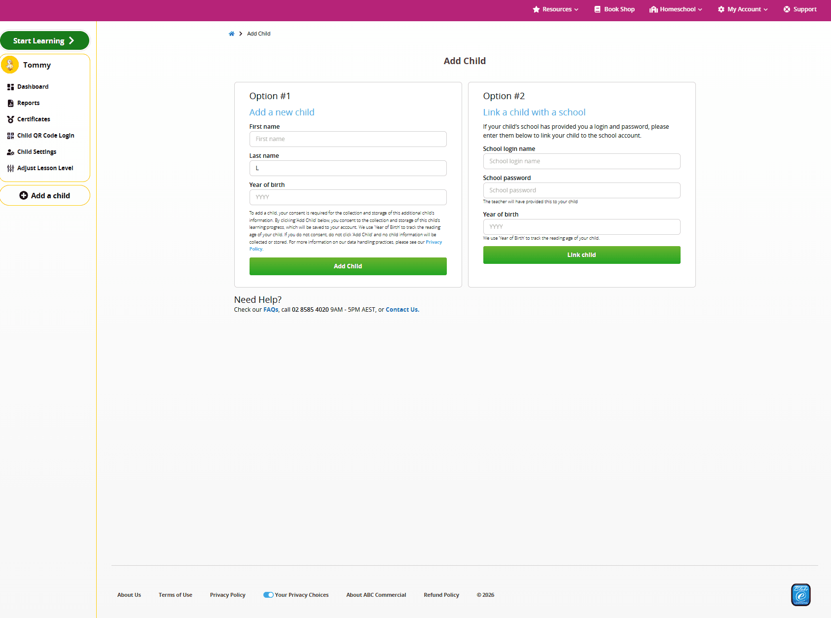 screenshots demonstrating how to add a child to an ABC Reading Eggs account through the Family Dashboard