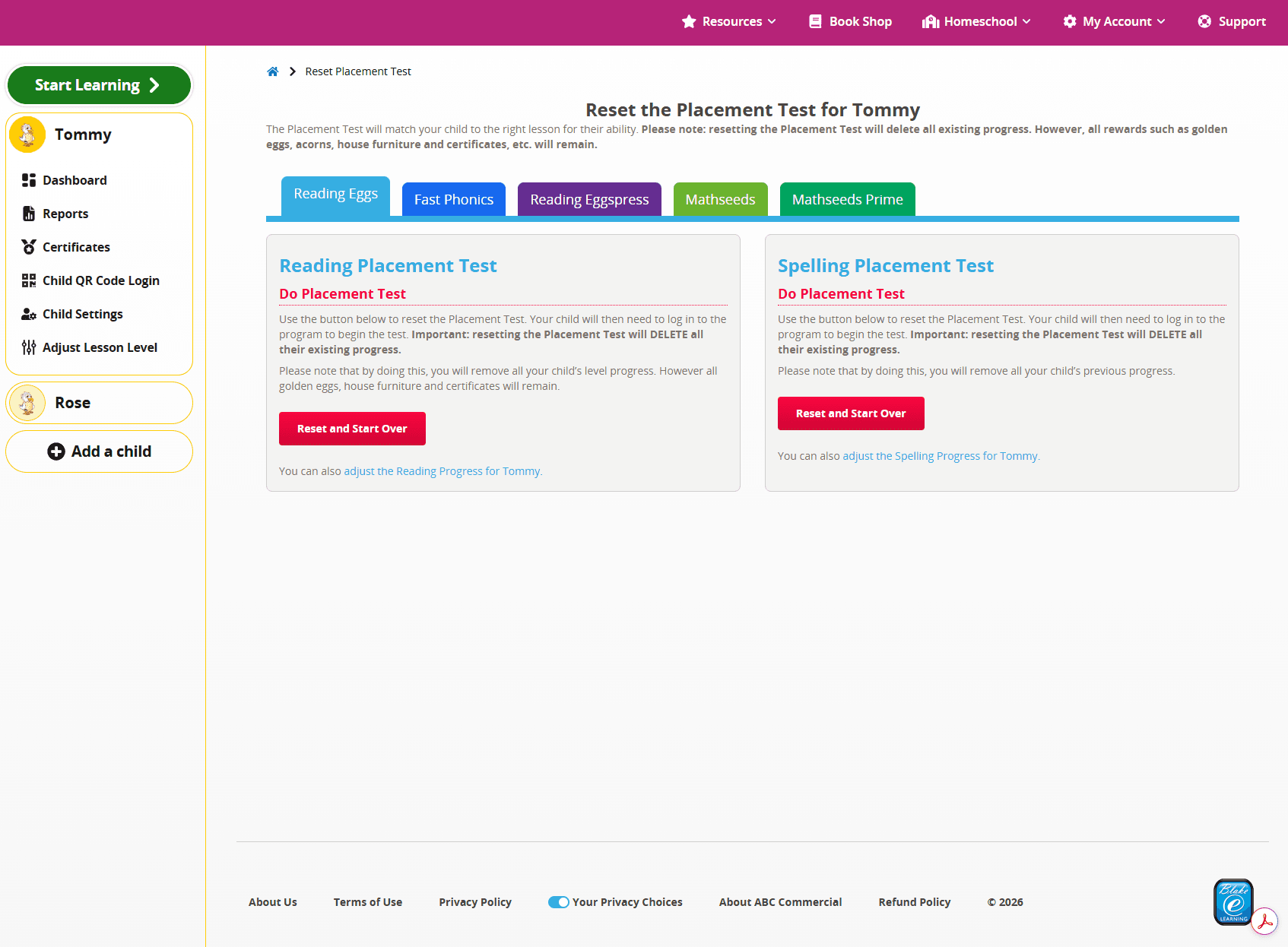 screenshot of the Reset Placement Test area of the ABC Reading Eggs Family Dashboard