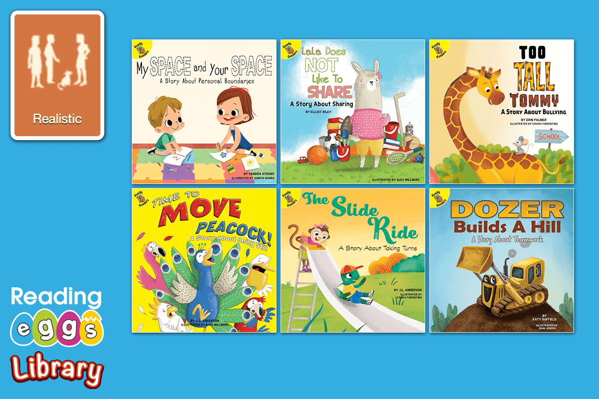 some of the books in the ABC Reading Eggs Library about social skills that cover bullying, sharing, personal boundaries, being still, taking turns, and teamwork.