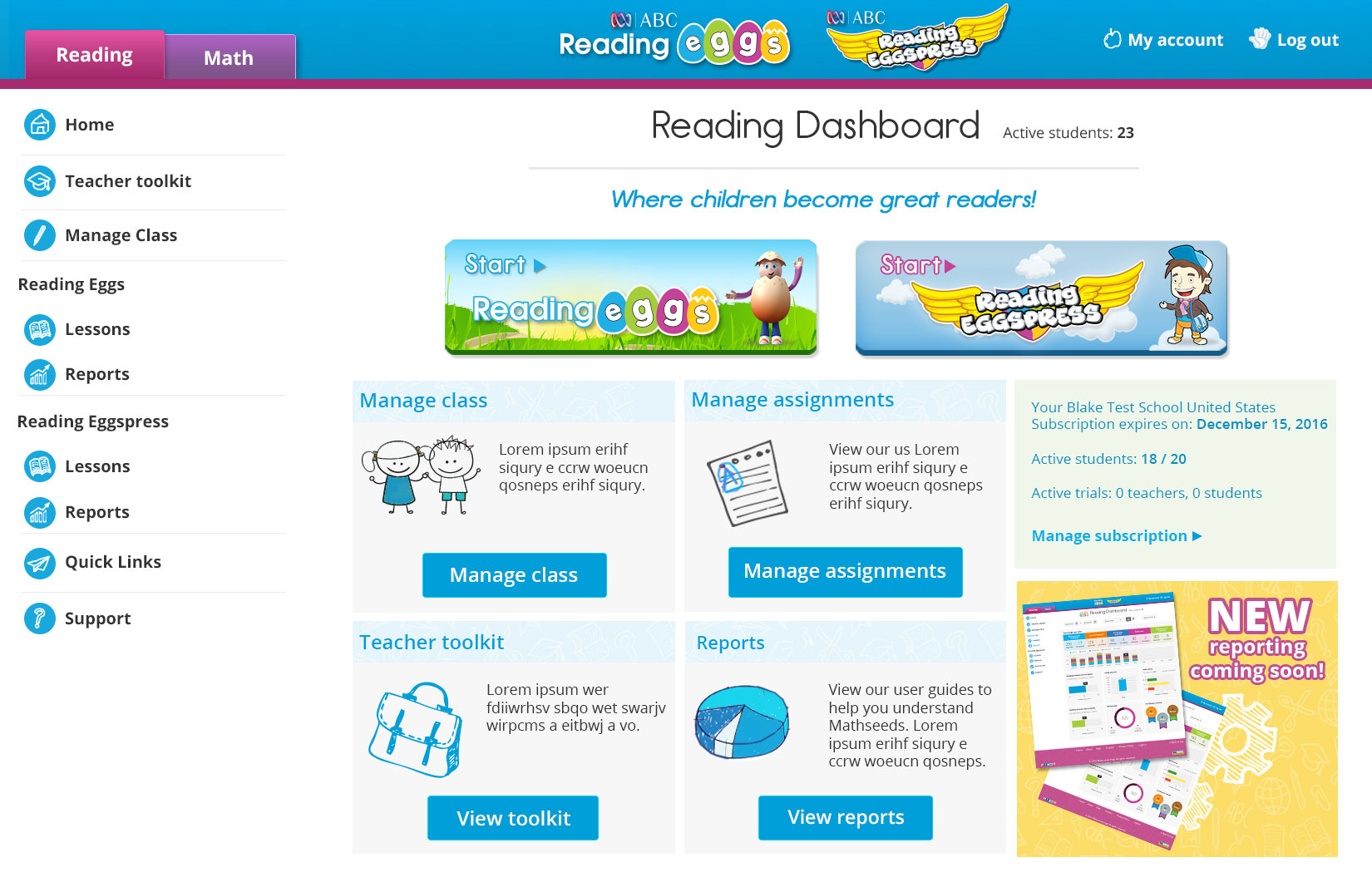 New Reading Eggs and Reading Eggspress Teacher Dashboard